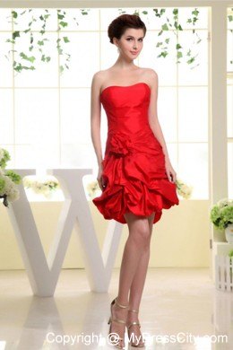 Strapless Red Pick-ups Party Dress with Hand Made Flowers