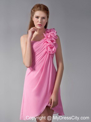 Mini Empire Pink Chiffon One Shoulder Party Dress with Hand Made Flowers