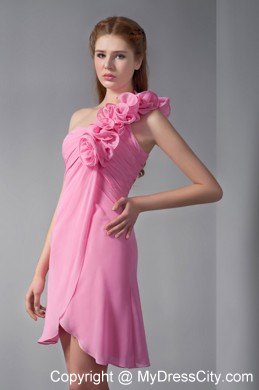 Mini Empire Pink Chiffon One Shoulder Party Dress with Hand Made Flowers