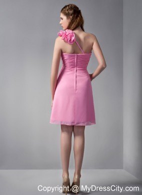 Mini Empire Pink Chiffon One Shoulder Party Dress with Hand Made Flowers