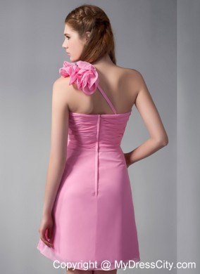 Mini Empire Pink Chiffon One Shoulder Party Dress with Hand Made Flowers