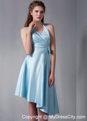 Asymmetrical Sky Blue Halter Party Dress with Side Bowknot