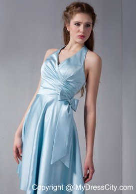 Asymmetrical Sky Blue Halter Party Dress with Side Bowknot