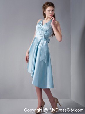 Asymmetrical Sky Blue Halter Party Dress with Side Bowknot