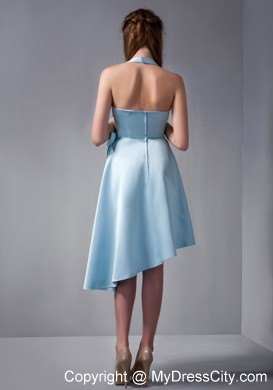 Asymmetrical Sky Blue Halter Party Dress with Side Bowknot