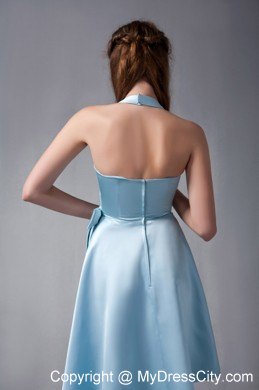 Asymmetrical Sky Blue Halter Party Dress with Side Bowknot