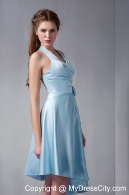 Asymmetrical Sky Blue Halter Party Dress with Side Bowknot