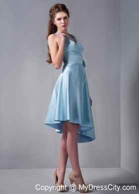 Asymmetrical Sky Blue Halter Party Dress with Side Bowknot