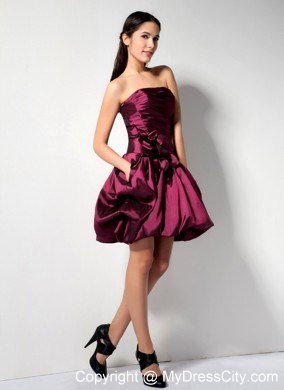 Burgundy Mini Pleated Party Dress With Pick-ups and Flowers