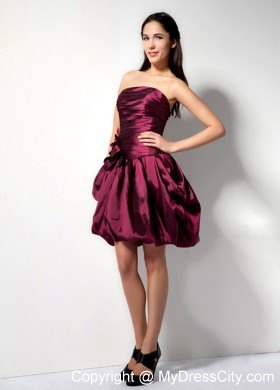 Burgundy Mini Pleated Party Dress With Pick-ups and Flowers