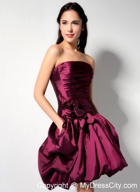 Burgundy Mini Pleated Party Dress With Pick-ups and Flowers