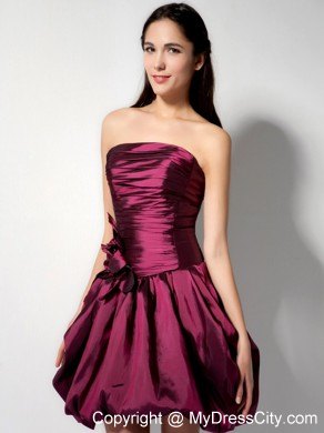 Burgundy Mini Pleated Party Dress With Pick-ups and Flowers