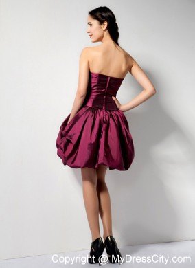 Burgundy Mini Pleated Party Dress With Pick-ups and Flowers