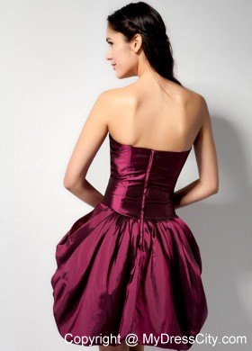 Burgundy Mini Pleated Party Dress With Pick-ups and Flowers