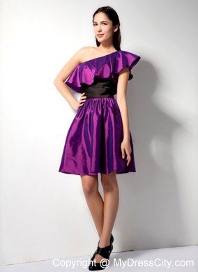 Asymmetrical Eggplant Purple Short Party Dress with Black Wide Sash