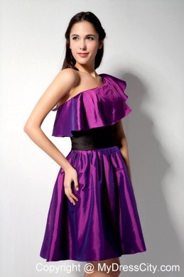 Asymmetrical Eggplant Purple Short Party Dress with Black Wide Sash