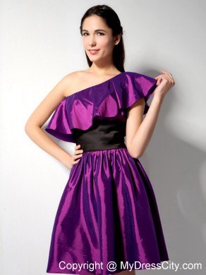 Asymmetrical Eggplant Purple Short Party Dress with Black Wide Sash