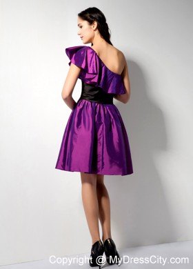 Asymmetrical Eggplant Purple Short Party Dress with Black Wide Sash