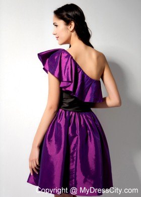 Asymmetrical Eggplant Purple Short Party Dress with Black Wide Sash