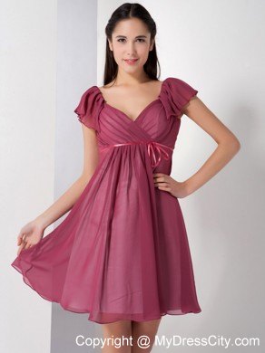 Burgundy V-neck Chiffon Party Dress with Short Sleeves