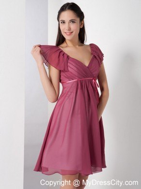 Burgundy V-neck Chiffon Party Dress with Short Sleeves