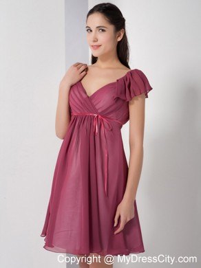 Burgundy V-neck Chiffon Party Dress with Short Sleeves