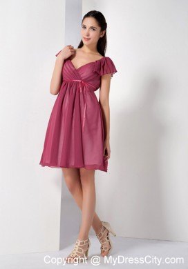 Burgundy V-neck Chiffon Party Dress with Short Sleeves