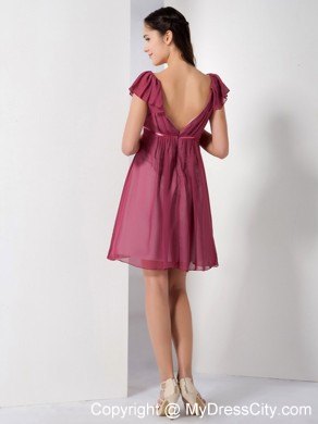 Burgundy V-neck Chiffon Party Dress with Short Sleeves