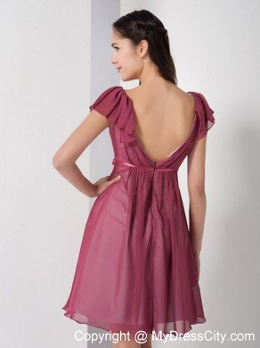 Burgundy V-neck Chiffon Party Dress with Short Sleeves