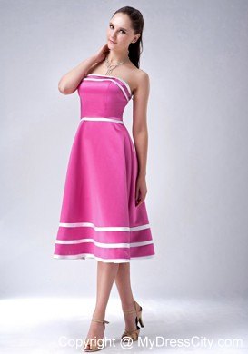 Hot Pink and White Strapless A-line Tea-length Party Dress