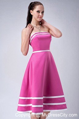 Hot Pink and White Strapless A-line Tea-length Party Dress