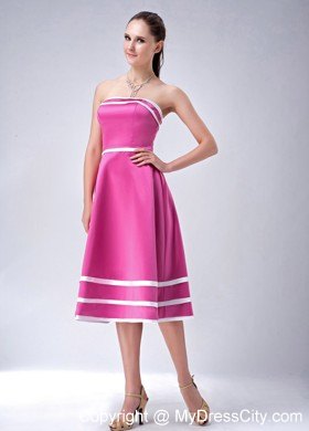 Hot Pink and White Strapless A-line Tea-length Party Dress