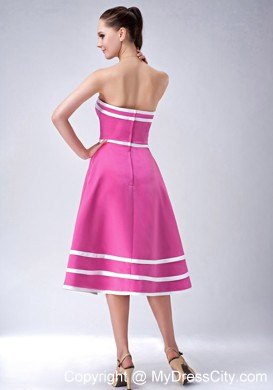 Hot Pink and White Strapless A-line Tea-length Party Dress