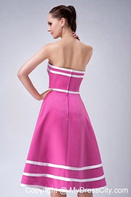 Hot Pink and White Strapless A-line Tea-length Party Dress