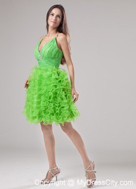 Beading and Ruffles Apple Green Deep V-neck Short Party Dress