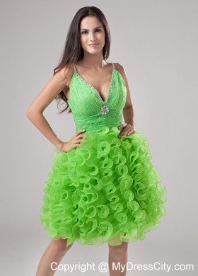 Beading and Ruffles Apple Green Deep V-neck Short Party Dress