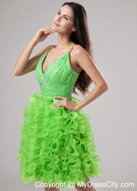 Beading and Ruffles Apple Green Deep V-neck Short Party Dress