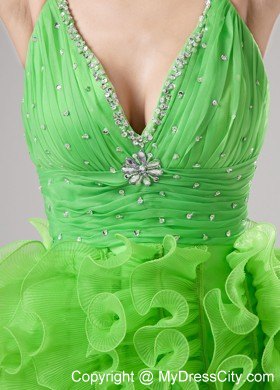 Beading and Ruffles Apple Green Deep V-neck Short Party Dress