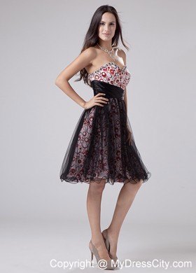 Knee-length Sweetheart Black Tulle Party Dress with Printing