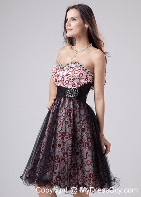 Knee-length Sweetheart Black Tulle Party Dress with Printing