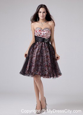 Knee-length Sweetheart Black Tulle Party Dress with Printing