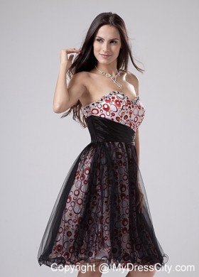 Knee-length Sweetheart Black Tulle Party Dress with Printing