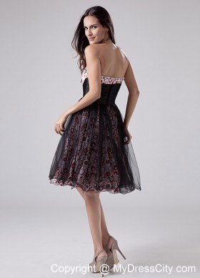 Knee-length Sweetheart Black Tulle Party Dress with Printing