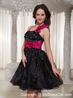 Beaded Organza Black Party Dress With Hand-made Flowers