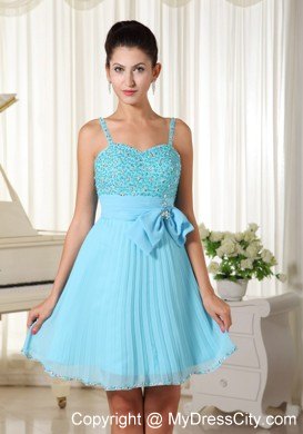 Aqua Blue Short Beaded and Pleated Spaghetti Straps Party Gown