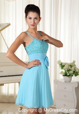 Aqua Blue Short Beaded and Pleated Spaghetti Straps Party Gown