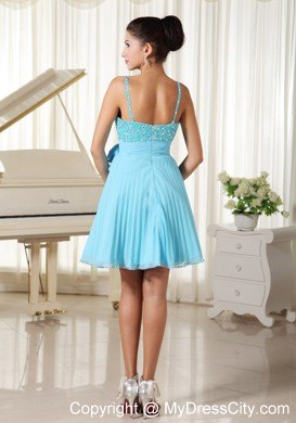 Aqua Blue Short Beaded and Pleated Spaghetti Straps Party Gown