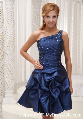 Navy Blue One Shoulder Party Dress with Beading and Pick-ups