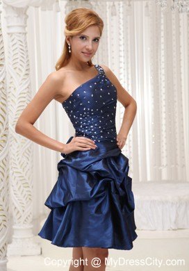 Navy Blue One Shoulder Party Dress with Beading and Pick-ups