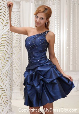 Navy Blue One Shoulder Party Dress with Beading and Pick-ups